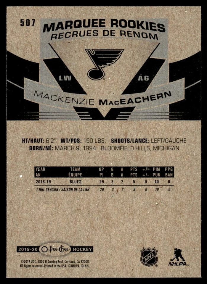 2019-20 O-Pee-Chee Gold Border Mackenzie MacEachern St. Louis Blues #507 - Image 2 of 2