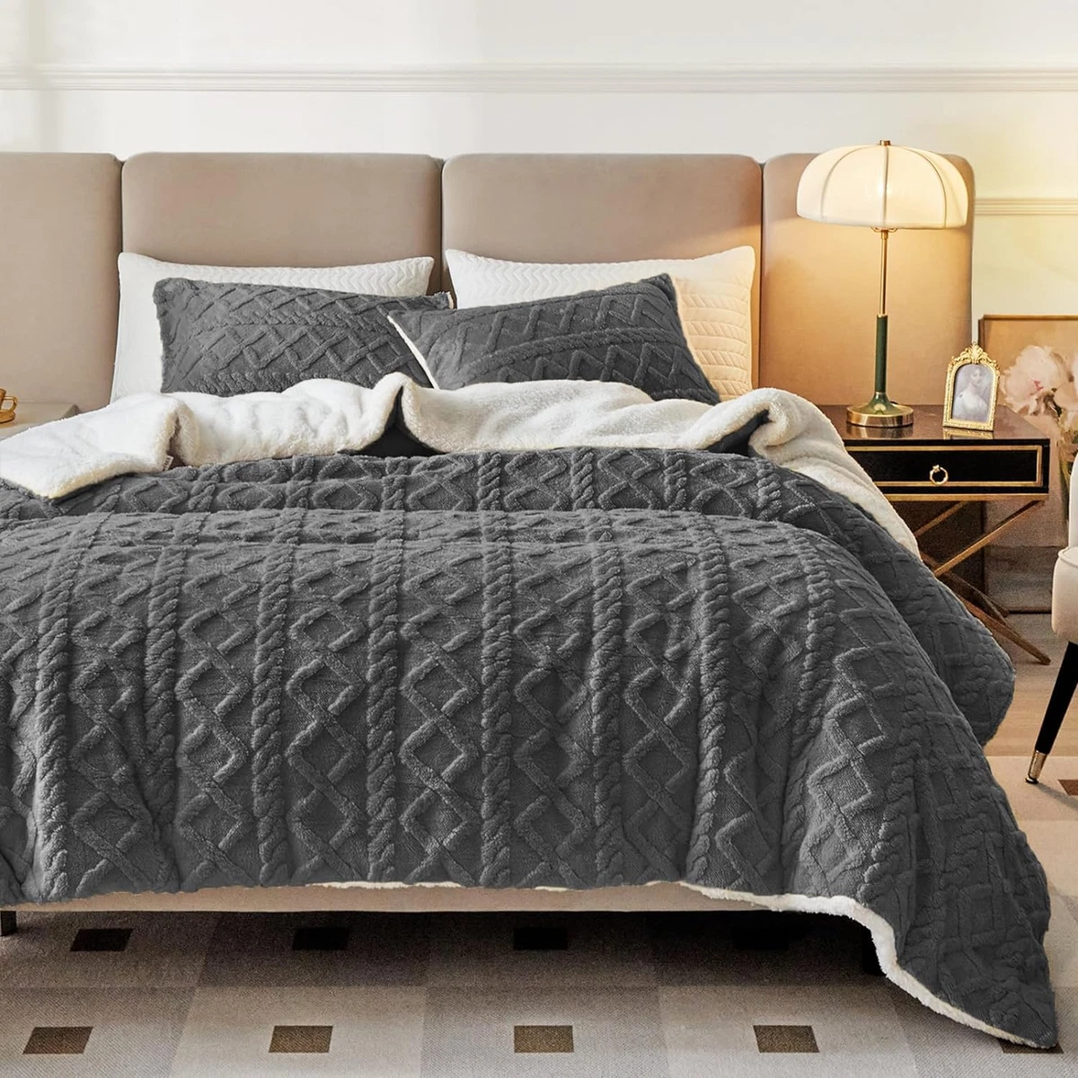 3 Piece Fluffy Faux Fur Sherpa Comforter Set Gray Queen Size Luxury Tufted Bedd