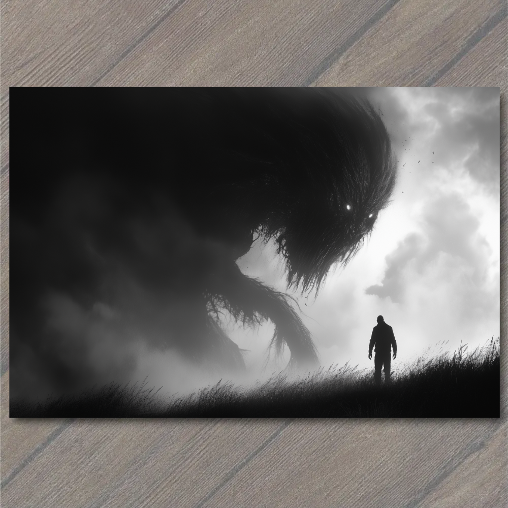 POSTCARD Giant Shadow Monster Confronting Man Foggy Field Dramatic