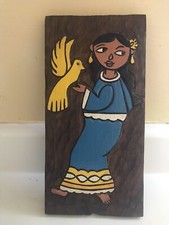 Handcrafted 12 x 6 Rustic Wood Wall Hanging Painted Woman and Bird Folk Art