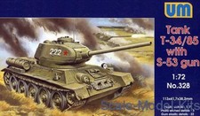 T-34/85 Soviet Tank with S-53 Gun Scale Model WW II UM 328 1/72 Unimodel 328