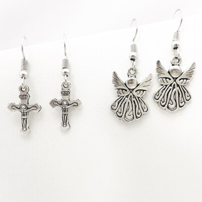 Earrings Christian Cross Catholic Angel Boho Religious Minimalist