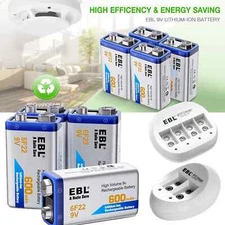 EBL 600mAh 9V Lithium-ion Rechargeable Batteries / optional  Charger Lot