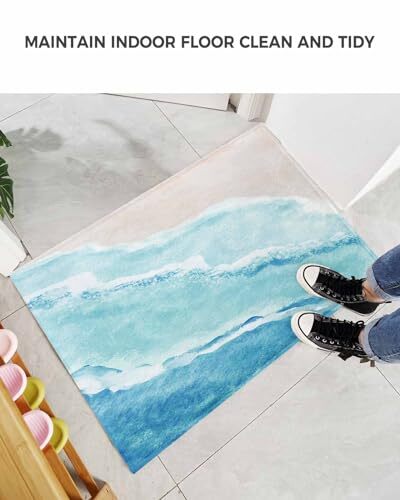 Summer Ocean Bath Rug,Coastal Beach Sea Waves Shaggy 20x31.5in Turquoise - Picture 7 of 8