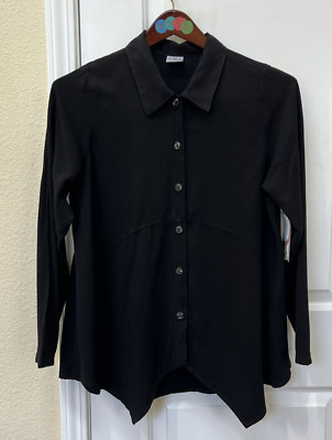 CMC Click Blouse Women's Med Tunic Black Buttons Long Sleeve Shacket Langenlook