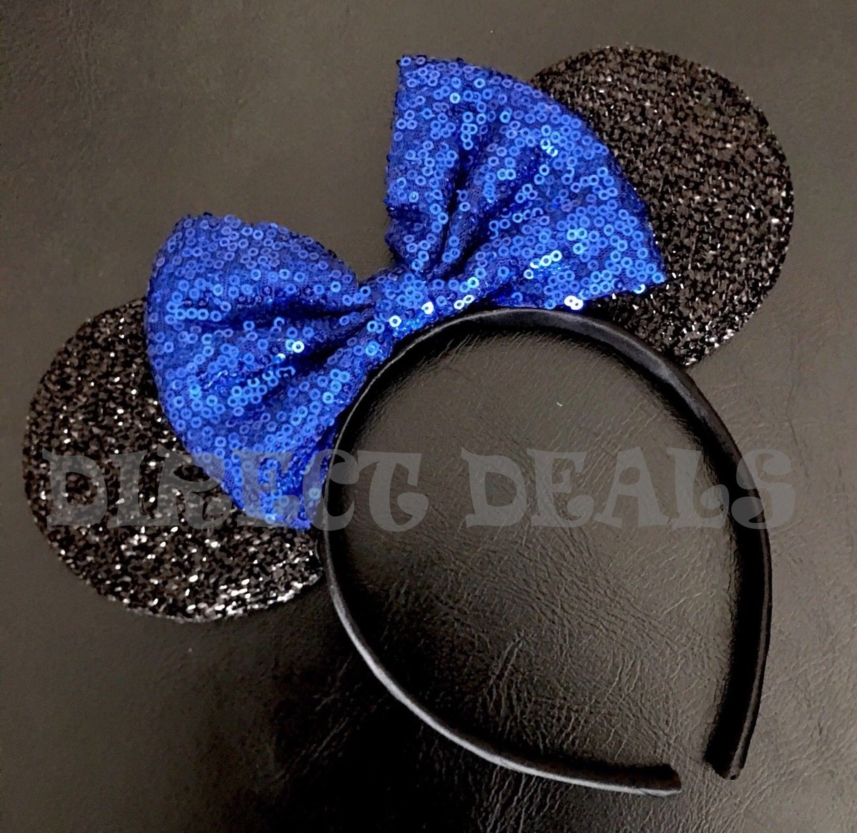 Minnie Mouse Ears Headband Shiny Black Sparkly Blue Bow  display picture 1