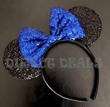 Minnie Mouse Ears Headband Shiny Black Sparkly Blue Bow Birthday Party Favors