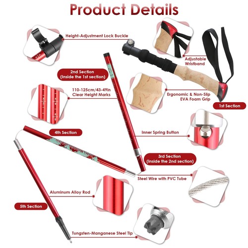 Pair Aluminum Foldable Walking Sticks Collapsible Trekking Poles for Women Men - Picture 6 of 17
