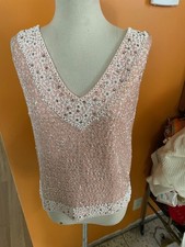 Vintage 50s 60s Pink White Christmas Beaded Sequin Tank Top 100 Wool Sz. M
