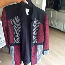Chico's Women's Zebra Animal Print Open Front Mid-Length Jacket Pockets Sz 1