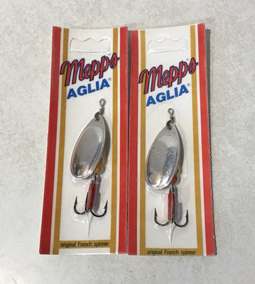 LOT OF 2 MEPPS AGLIA FRENCH SPINNER SIZE #4 SILVER RED YELLOW 1/3oz NEW VINTAGE