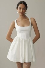 BHLDN Small Jemma Fit Flare Mini Dress Corset White Ivory Preppy Peplum