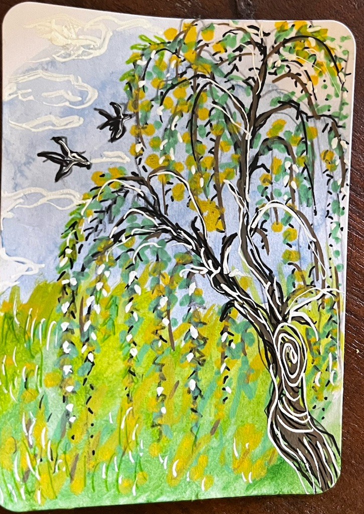 ACEO OOAK Original Weeping Willow Tree Painting ATC Art Cachetmaison