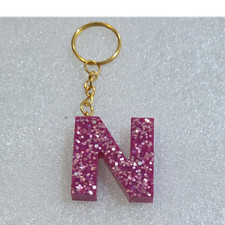 Pink Gold Glitter Resin Letter N Keychain w/ Detachable Gold-Tone Keyring