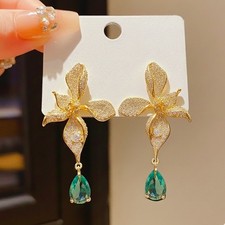 Emerald Drop Earrings Green Gold Floral Pave Crystal Statement Sparkly Dangle