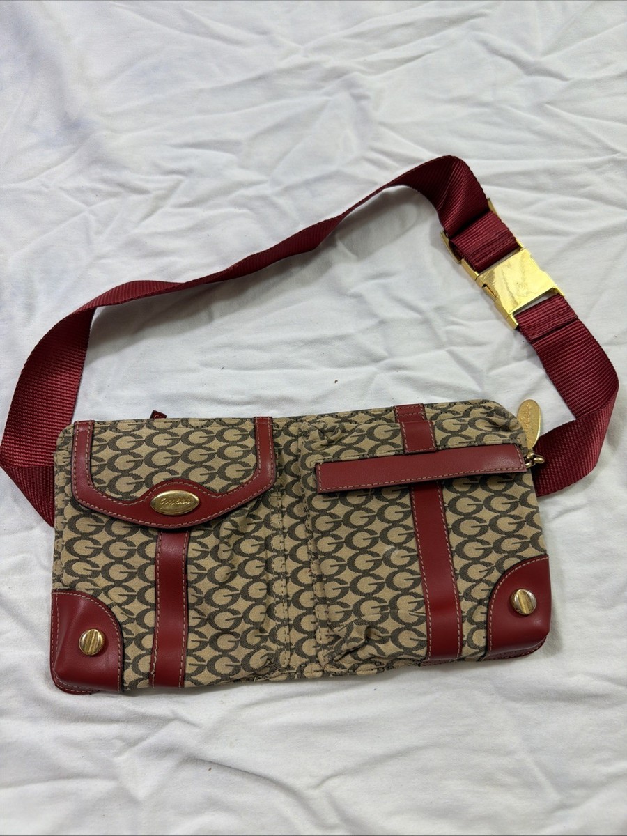 Vintage Guess Waist Bag Purse Beige Red 12x6.5 Metal Clasp Zipper