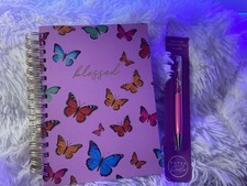 Hardcover Spiral Journal Notebook 6x8 Lined Blessed Butterfly pink Pen Post its