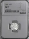 1902-P  10C BARBER SILVER DIME  "PHILADELPHIA"  NGC AU55  #8404752-036