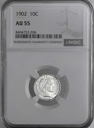 1902-P  10C BARBER SILVER DIME  "PHILADELPHIA"  NGC AU55  #8404752-036