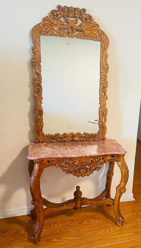 Elegante mesa consola vintage con espejo ornamentado - tapa de mármol Foto 2 de 4