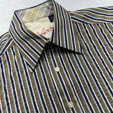 Robert Graham Gingham Front Long Sleeve Shirt Men L Green Navy Stripe