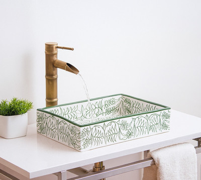Custom Made Small Rectangular Bathroom Sink, Green Leaves Pattern