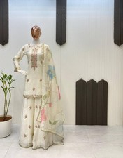 Designer New Heavy Pure Chinnon Silk White Palazzo Suit With Dupatta For Women