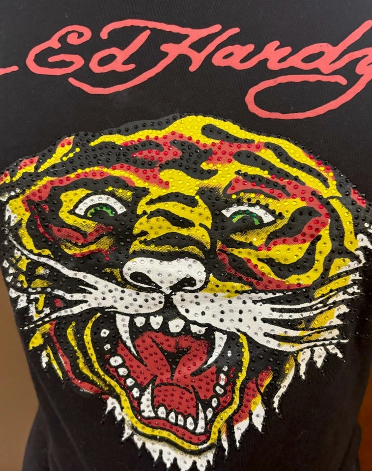 Camiseta Ed Hardy Para Mujer Recortada Gráfica Negra M Estrás Tigre Y2K McBling Foto 4 de 4