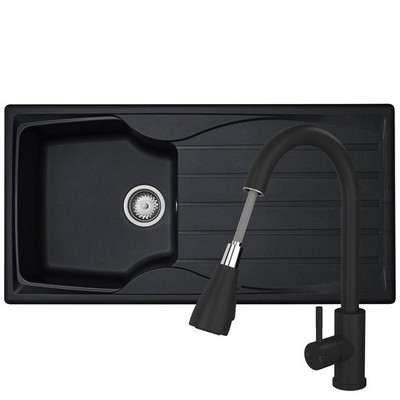 Liquida CMP10BL 1,0 Schüssel reversibel schwarz Küchenspüle und KPO11MB schwarzer Wasserhahn