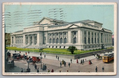 NY Public Library New York City Pedestrians Streetcar 1910 Postcard TS-200