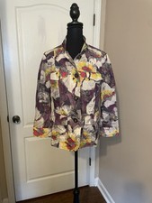 Vintage Floral Nylon Jacket Pockets Zip Button Size 46 10 Colorful Elegant