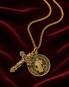 Authentic Gold Plated .925 Sterling Silver St. Benedict and Crucifix Double Pendant Set