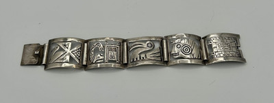 Vintage Peruvian Aztec Inca Silver Panel Bracelet  1960s