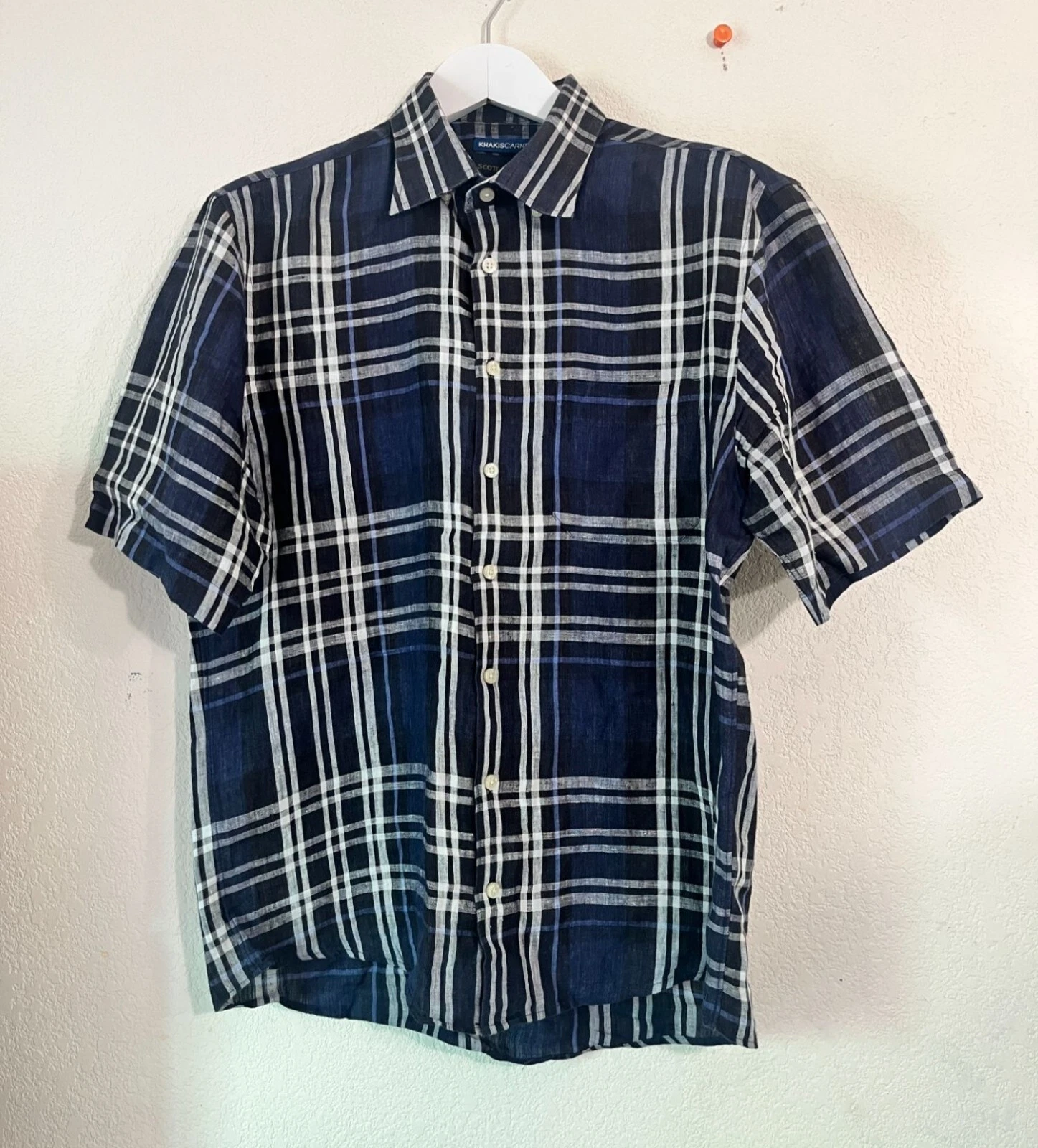 Scott Barber Mens Plaid Linen KhakisCarmel Button-Down Shirt Large Navy Casual