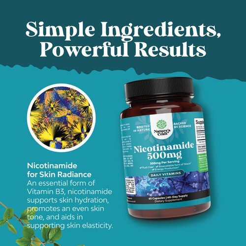 Vitamin B3 Nicotinamide Capsules - Mitochondrial Energy and Skin Supplement 60ct - Picture 5 of 8