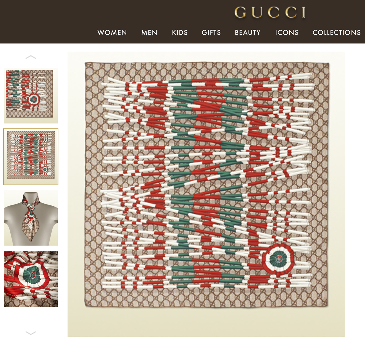 Gucci Scarf GG Logo WEB Club Brown Beige Silk Wrap Bandana with