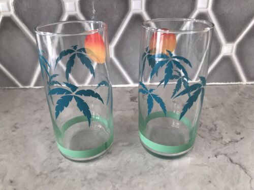 Vintage Anchor Hocking Sunset Palm Tree Drinking Glass Set Of 2 Retro Beach Rare - Picture 2 of 5