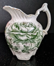 Antique Dunn Bennett & Co Burslen "ARCADIA" Flow Pitcher w/Green Rose, England