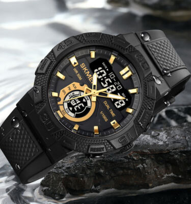 5Bar Wasserdicht DUAL TIME Herren Herrenuhr Outdoor Armbanduhr Datum Alarm 1881SK