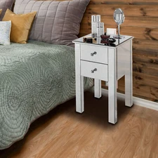 Modern and Contemporary Mirrored 2-Drawers Nightstand Bedside Table Silver