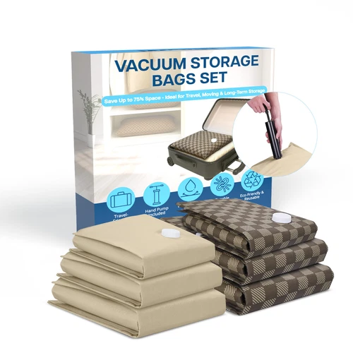 Heavy Duty Vacuum Bags for Clothes & Travel - 6 Pack - With Hand Pump - Brown