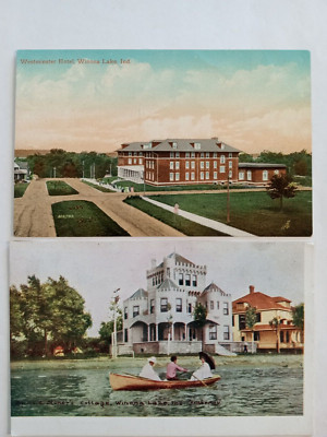 2 WINONA LAKE INDIANA POSTCARD 1910 WESTMINSTER HOTEL DR SOL DICKEY'S COTTAGE