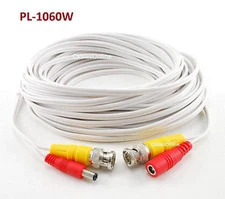 60ft White CCTV Security Camera M/F DC Power Cable w/ BNC Male Plugs, PL-1060W