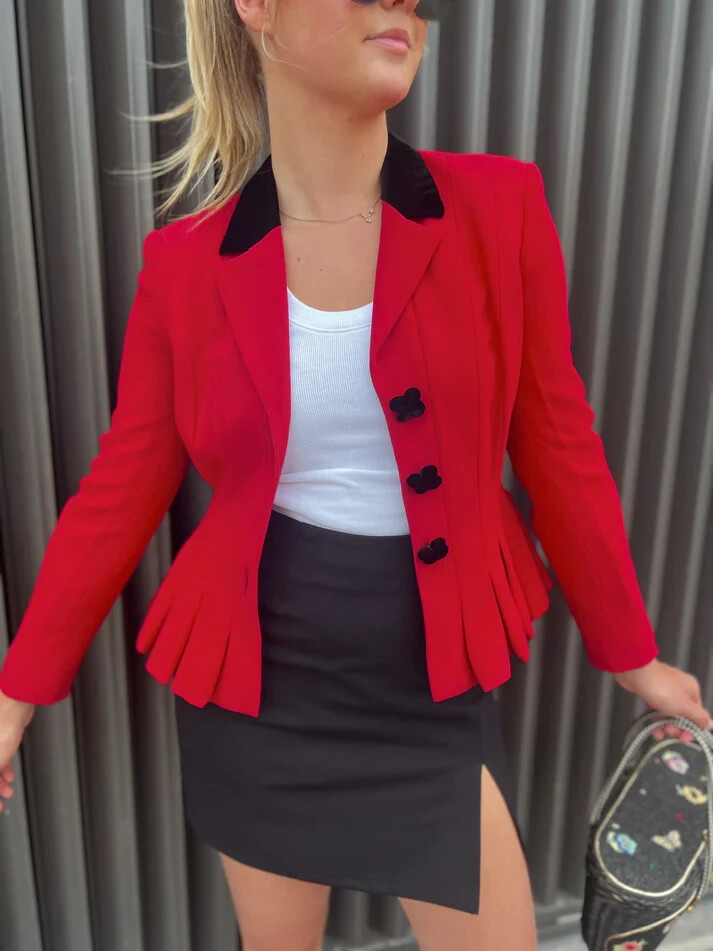 Moschino Red Peplum Black Velvet Trim Ace Spade Jacket 8 ALICE
