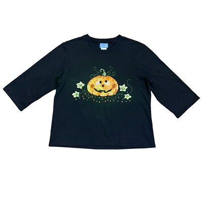 CRE8TION Woman's Shirt Size L Halloween sequined beaded pumpkin top 3/4 sleeve