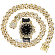 ICY GOLD PLATED LUXURY SILICONE BAND WATCH ICED CUBAN CHAIN HIP HOP NECKLACE