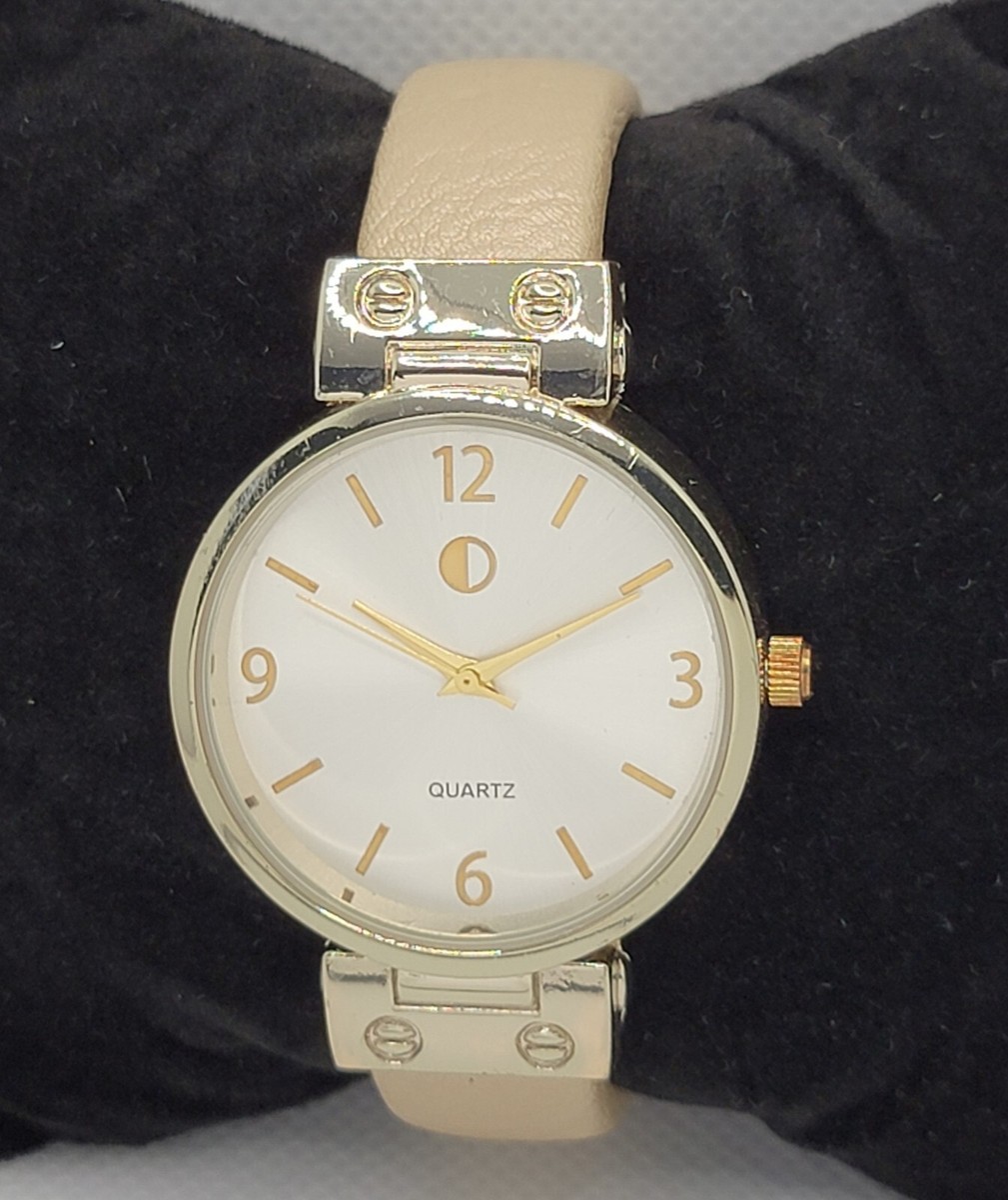 Ladies Classic Round Gold Tone Case Beige Cuff Bracelet 