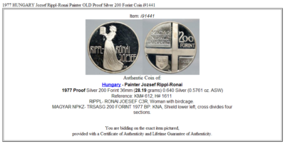 1977 HUNGARY Jozsef Rippl-Ronai Painter OLD Proof Silver 200