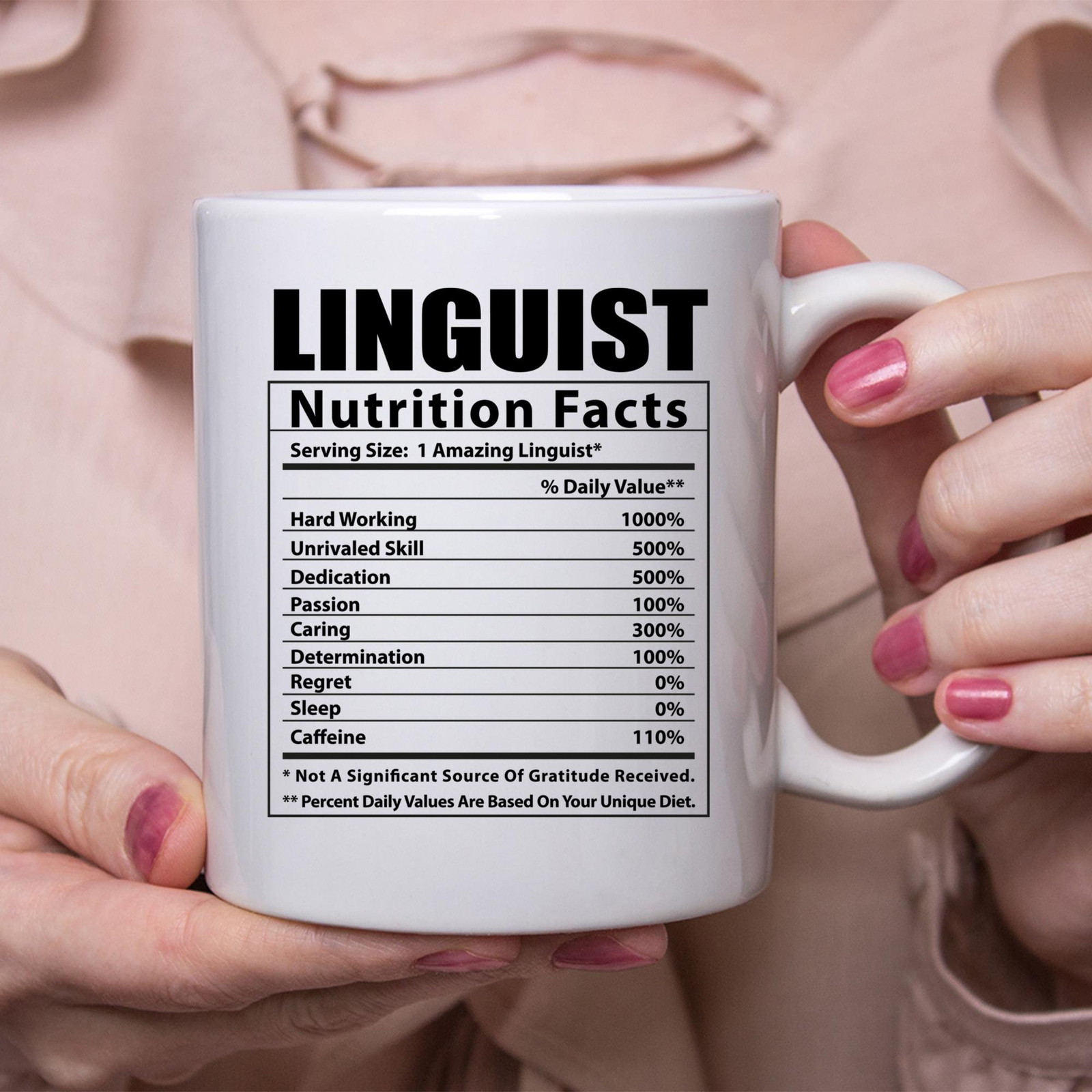Funny Linguist Coffee Mug with Humorous Nutritional Facts Design  