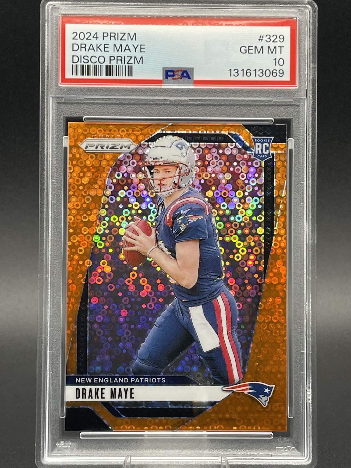 2024 Panini Prizm Drake Maye ORANGE DISCO Prizm Rookie RC #329 PSA 10 PATRIOTS